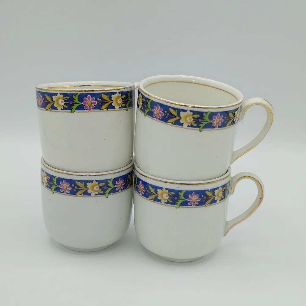 Johnson Brothers Oakworth Demitasse Gilt Gold Floral Tea Cups Set 4 Antique Vtg